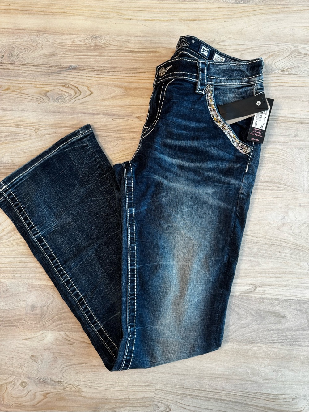 Miss Me Dark Blue Bootcut Jeans with Contrast Stitching